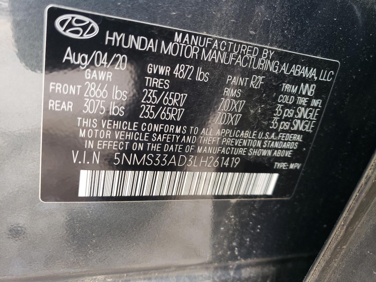 5NMS33AD3LH261419 2020 Hyundai Santa Fe Sel