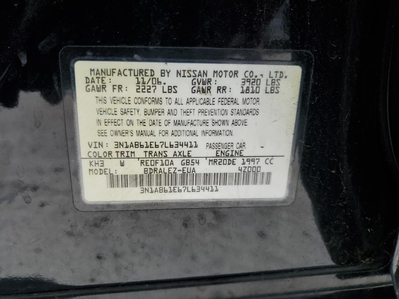 3N1AB61E67L634411 2007 Nissan Sentra 2.0