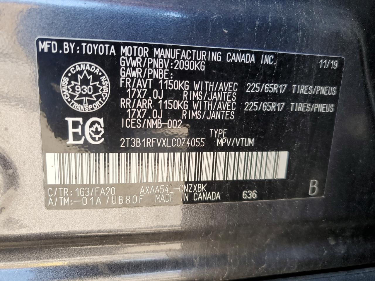 2T3B1RFVXLC074055 2020 Toyota Rav4 Le