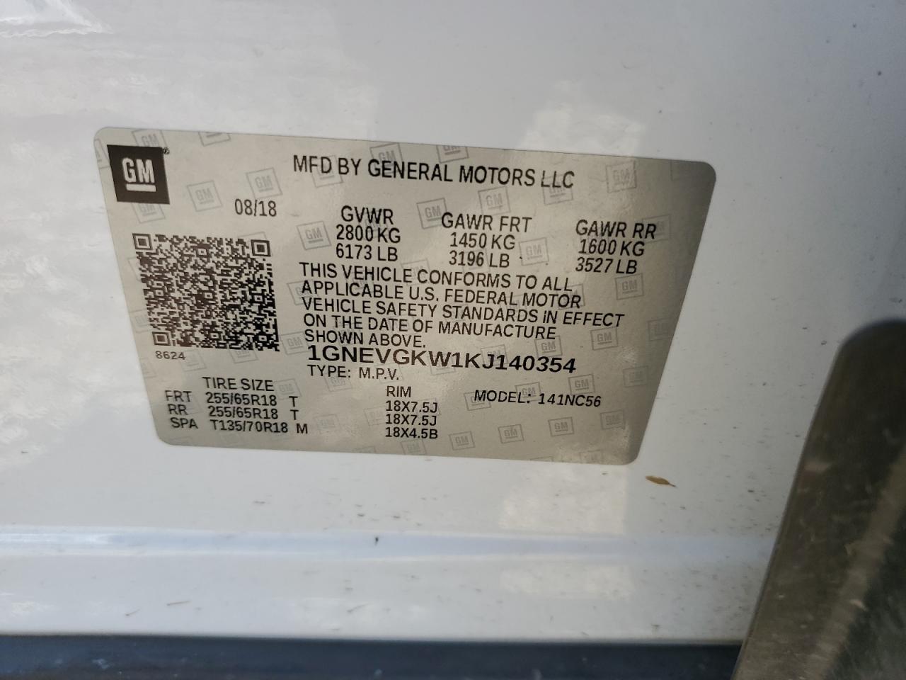 1GNEVGKW1KJ140354 CHEVROLET TRAVERSE 2019