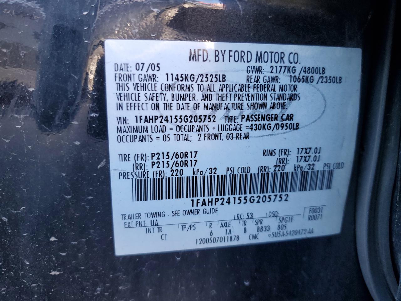 1FAHP24155G205752 2005 Ford Five Hundred Sel