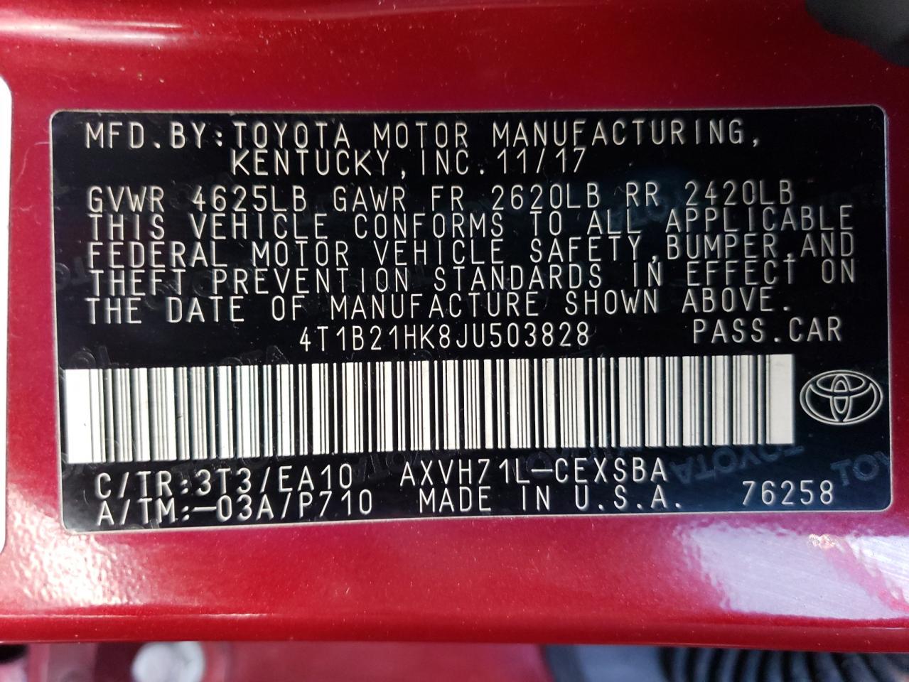 4T1B21HK8JU503828 TOYOTA CAMRY 2018