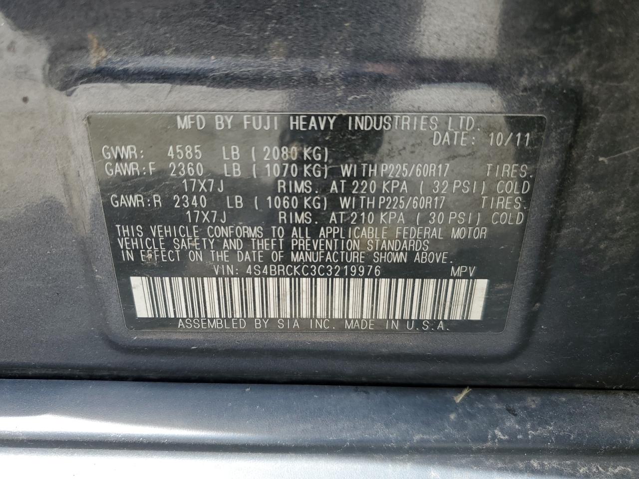 4S4BRCKC3C3219976 2012 Subaru Outback 2.5I Limited