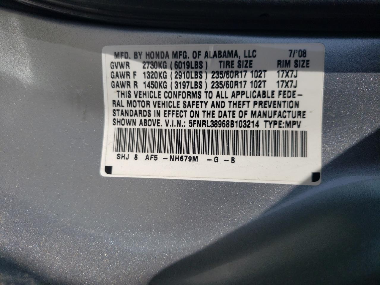 5FNRL38968B103214 2008 Honda Odyssey Touring