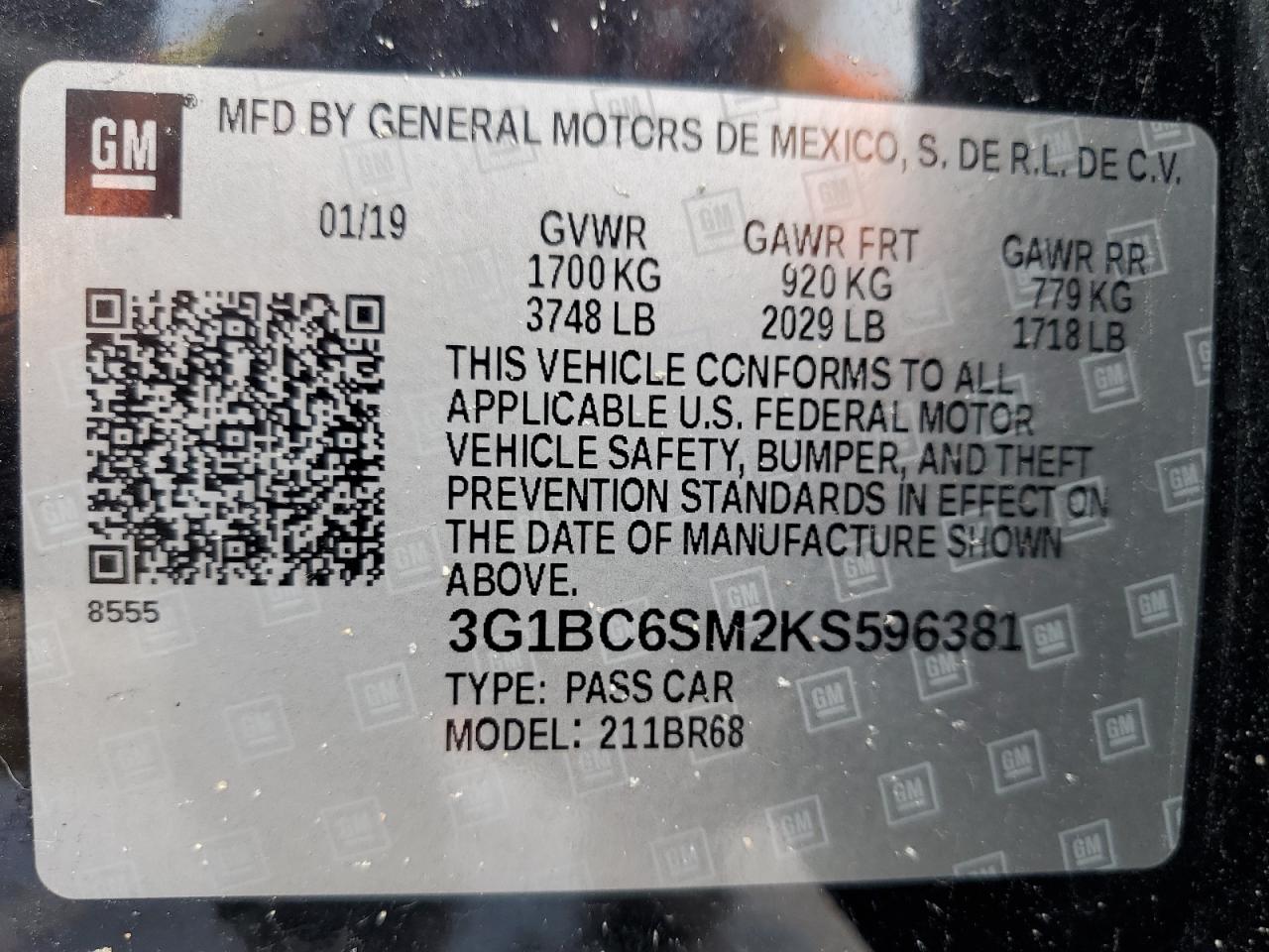 3G1BC6SM2KS596381 2019 Chevrolet Cruze Ls