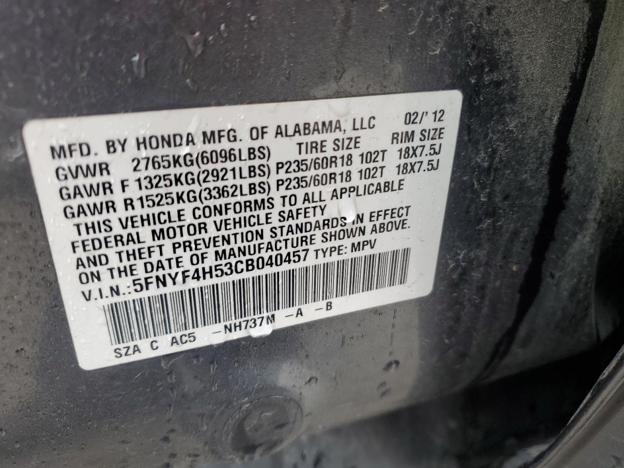 5FNYF4H53CB040457 2012 Honda Pilot Exl