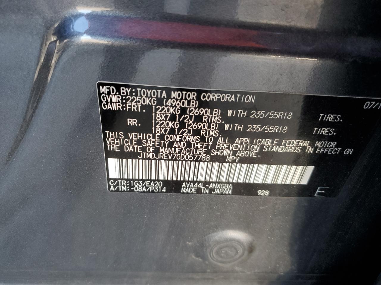 JTMDJREV7GD057788 TOYOTA RAV4 2016
