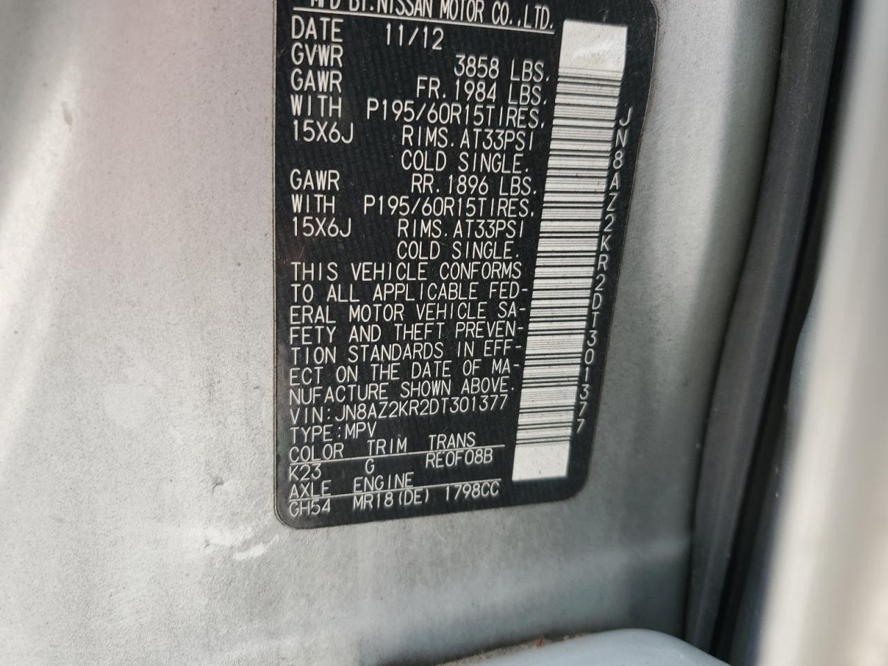 JN8AZ2KR2DT301377 2013 Nissan Cube S