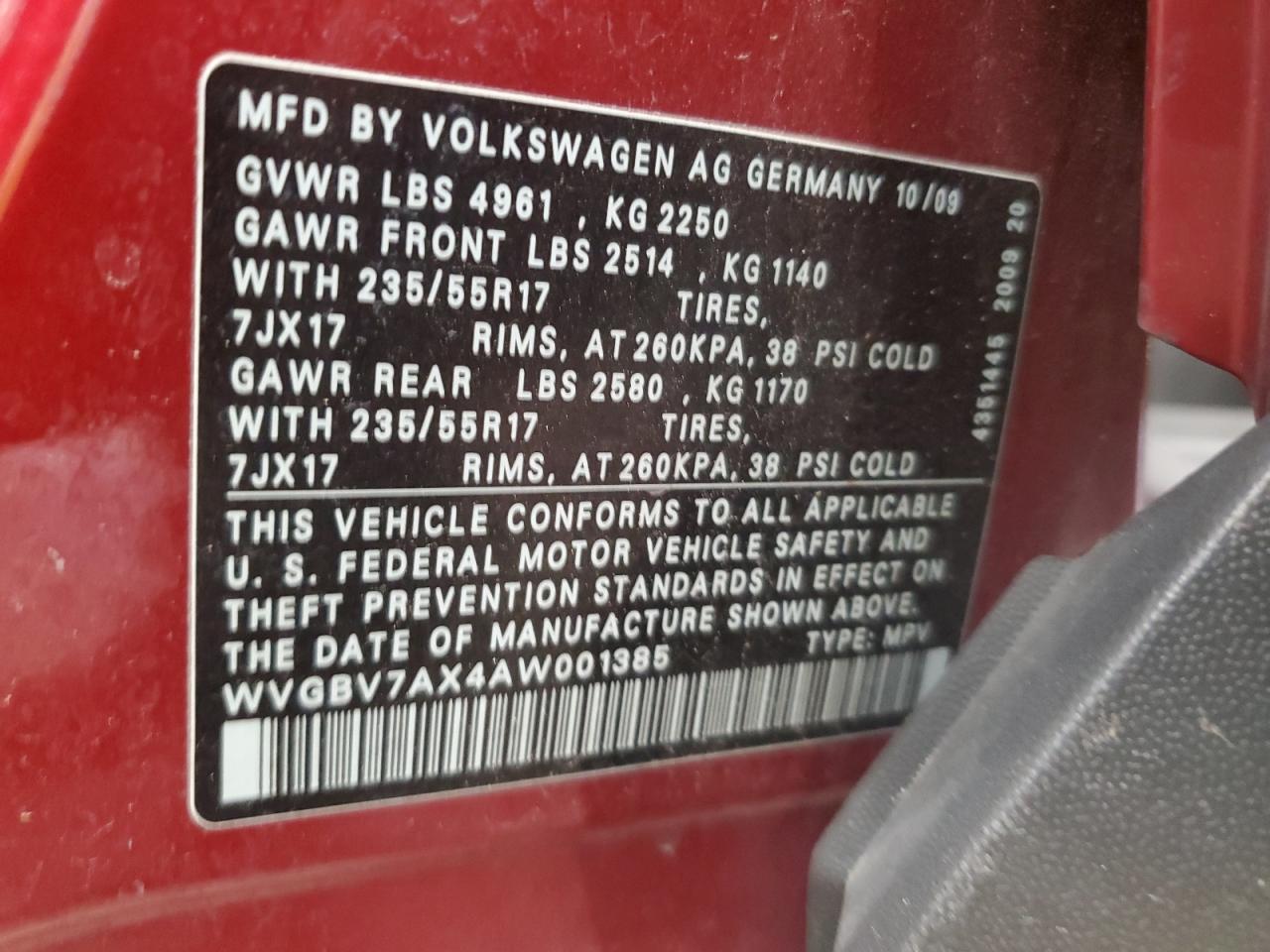 WVGBV7AX4AW001385 2010 Volkswagen Tiguan Se