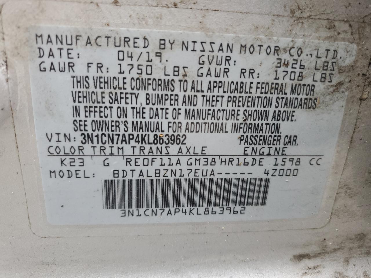 3N1CN7AP4KL863962 NISSAN VERSA 2019