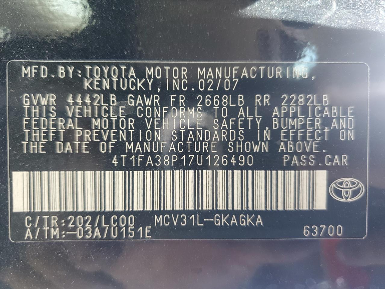 4T1FA38P17U126490 2007 Toyota Camry Solara Se