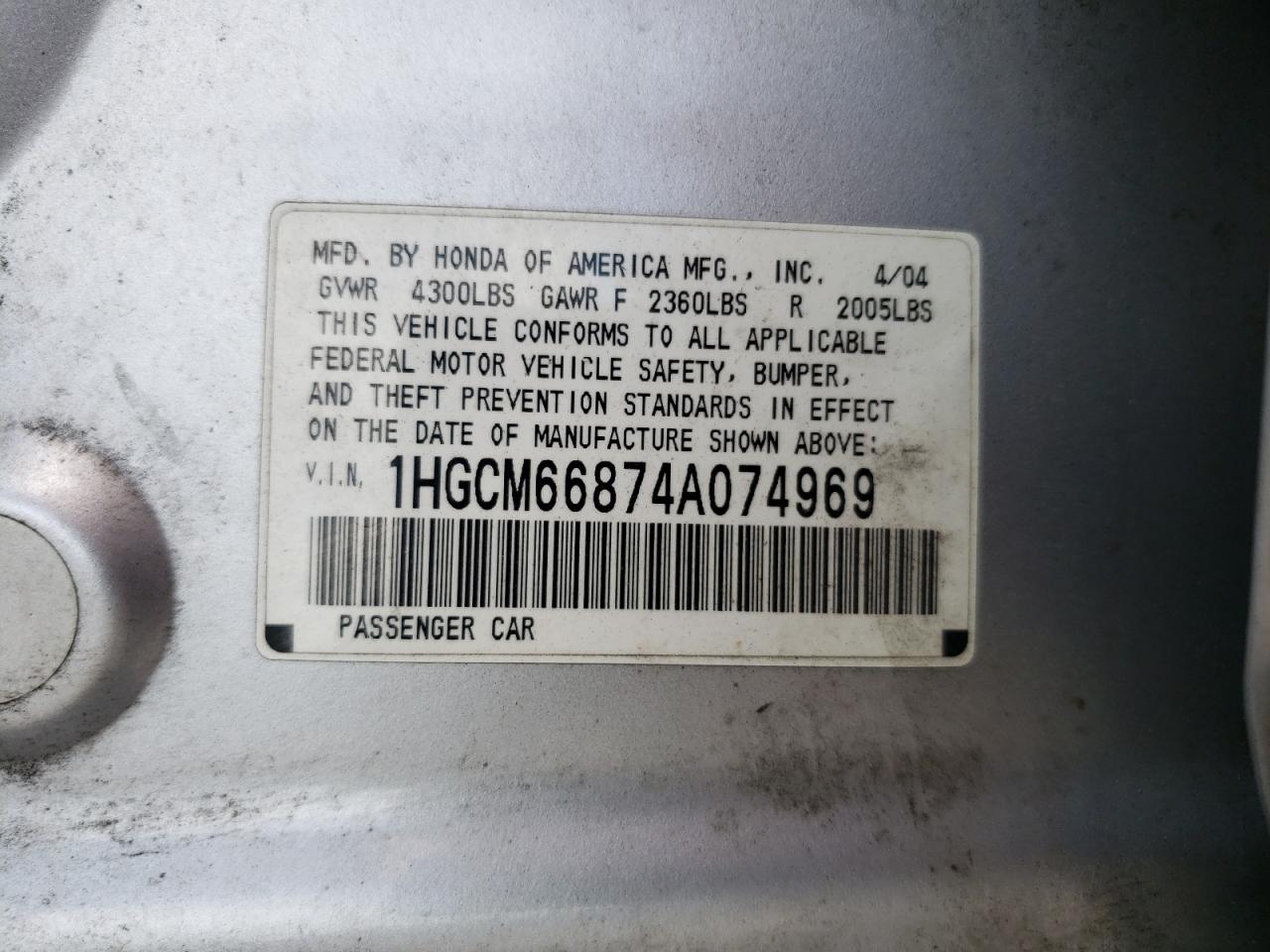 1HGCM66874A074969 2004 Honda Accord Ex