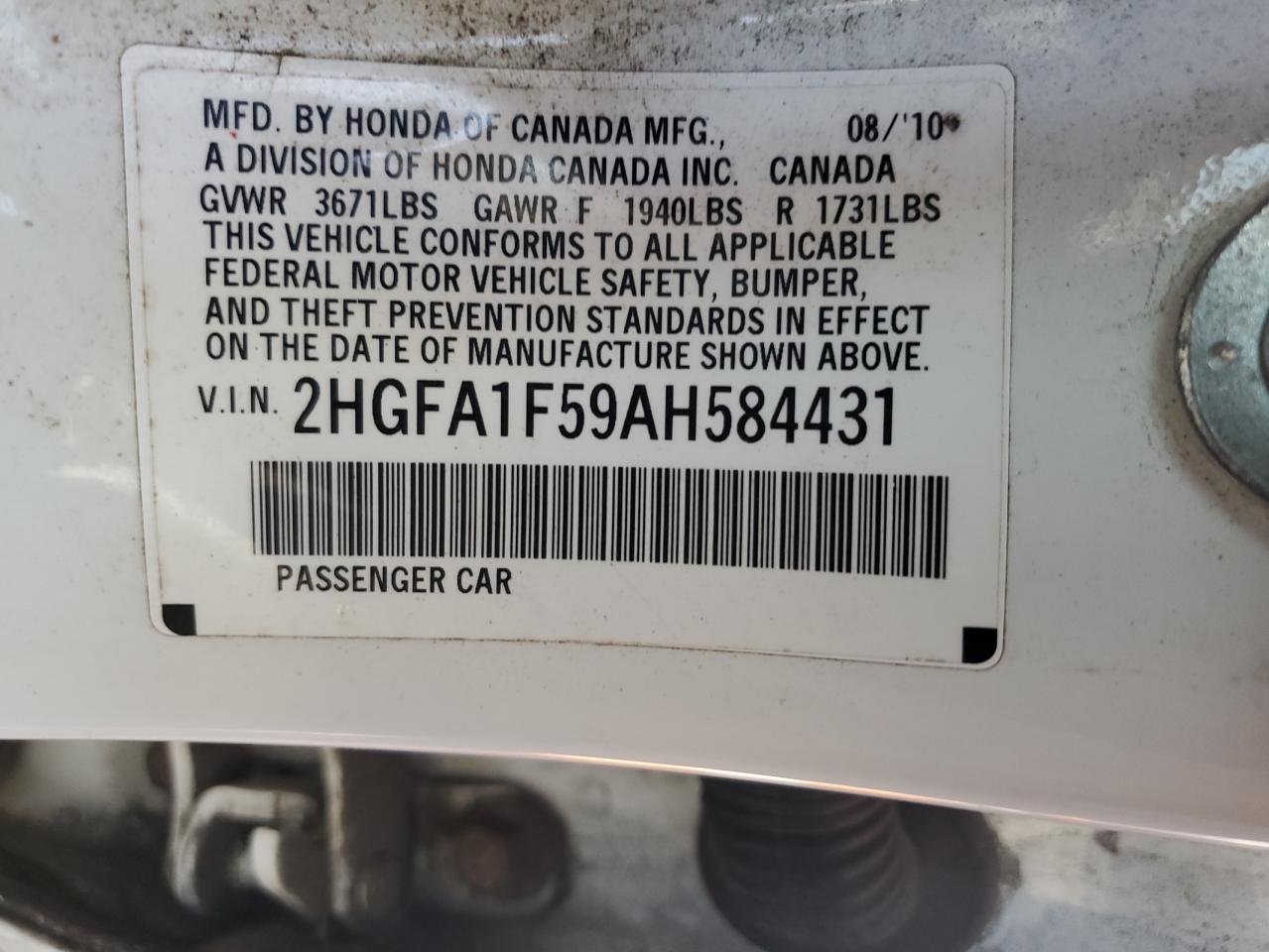 2HGFA1F59AH584431 2010 Honda Civic Lx