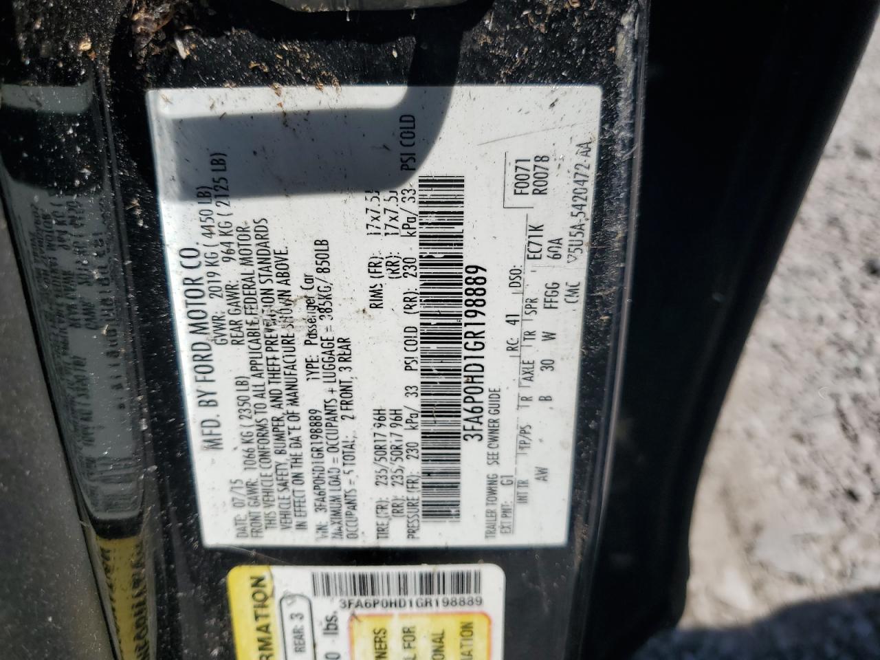 3FA6P0HD1GR198889 FORD FUSION 2016