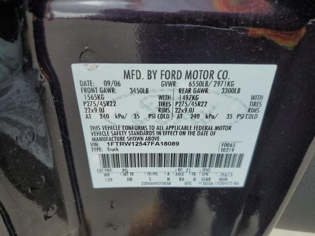 2007 Ford F150 Supercrew VIN: 1FTRW12547FA18089 Lot: 54636014