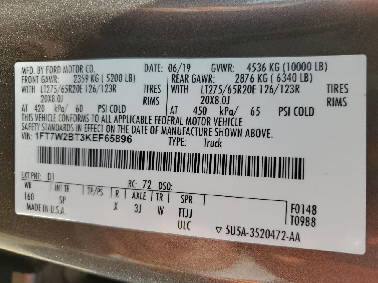 1FT7W2BT3KEF65896 FORD F250 2019