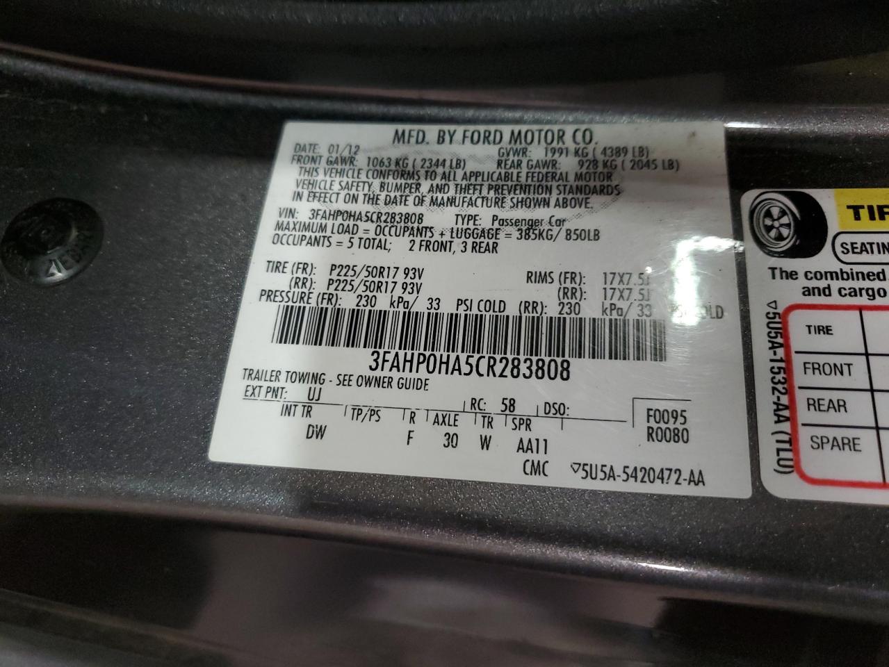 3FAHP0HA5CR283808 2012 Ford Fusion Se