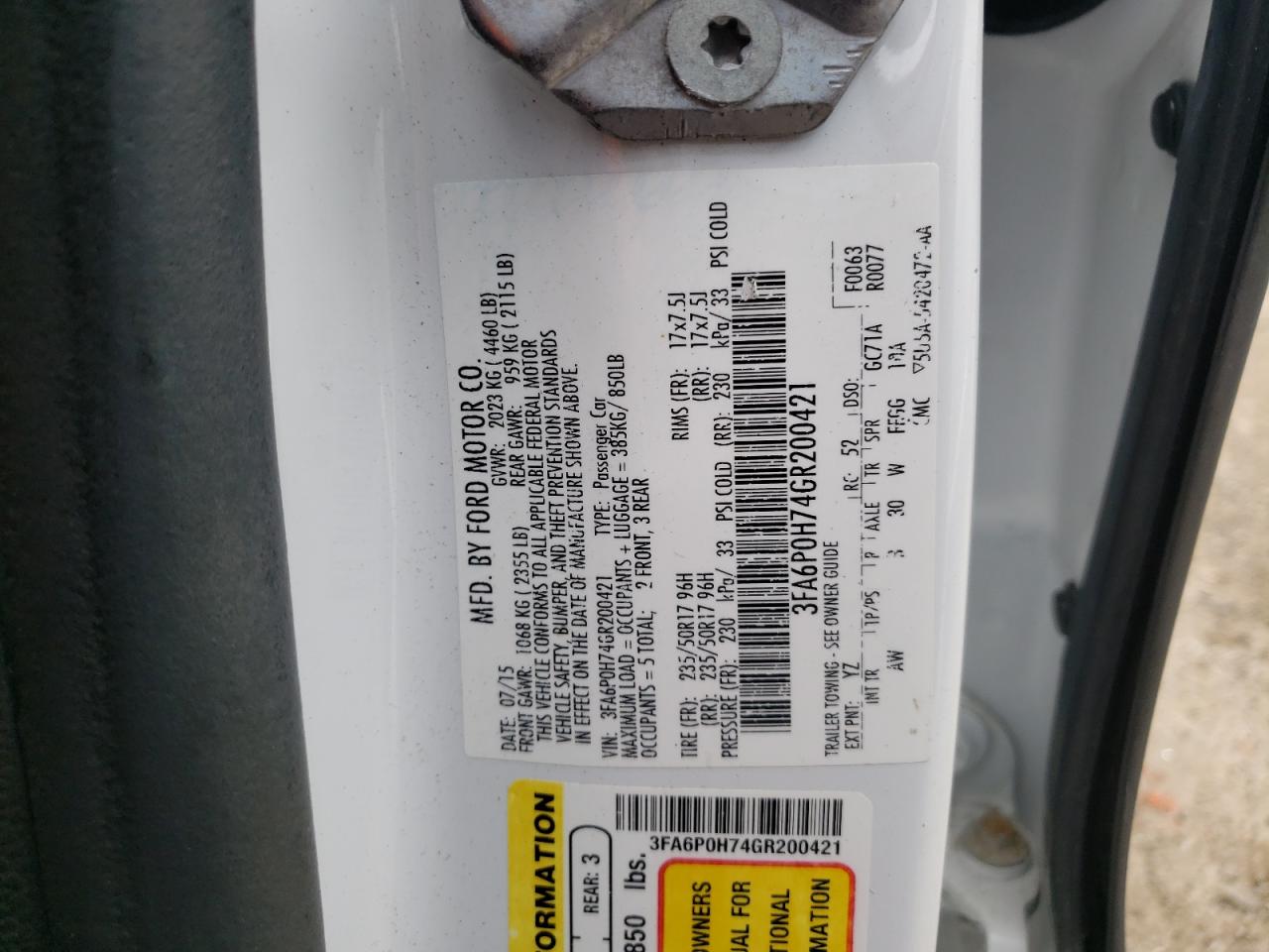 3FA6P0H74GR200421 FORD FUSION 2016