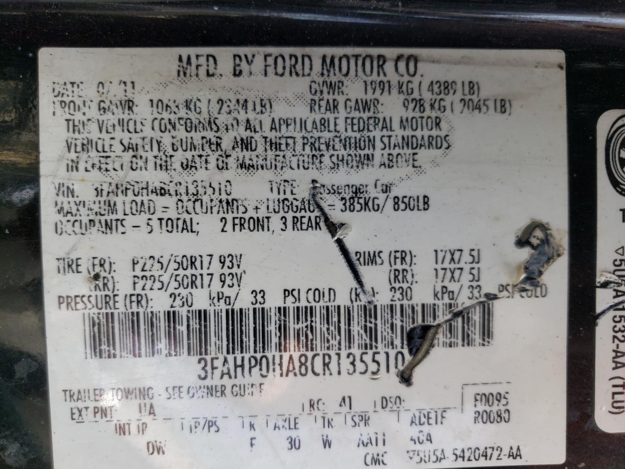 3FAHP0HA8CR135510 2012 Ford Fusion Se