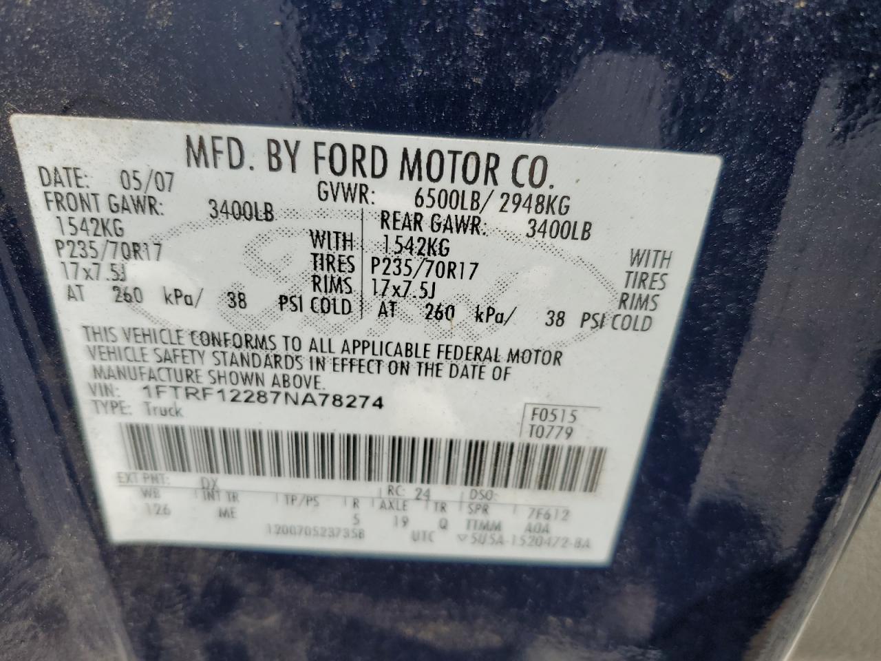 1FTRF12287NA78274 2007 Ford F150