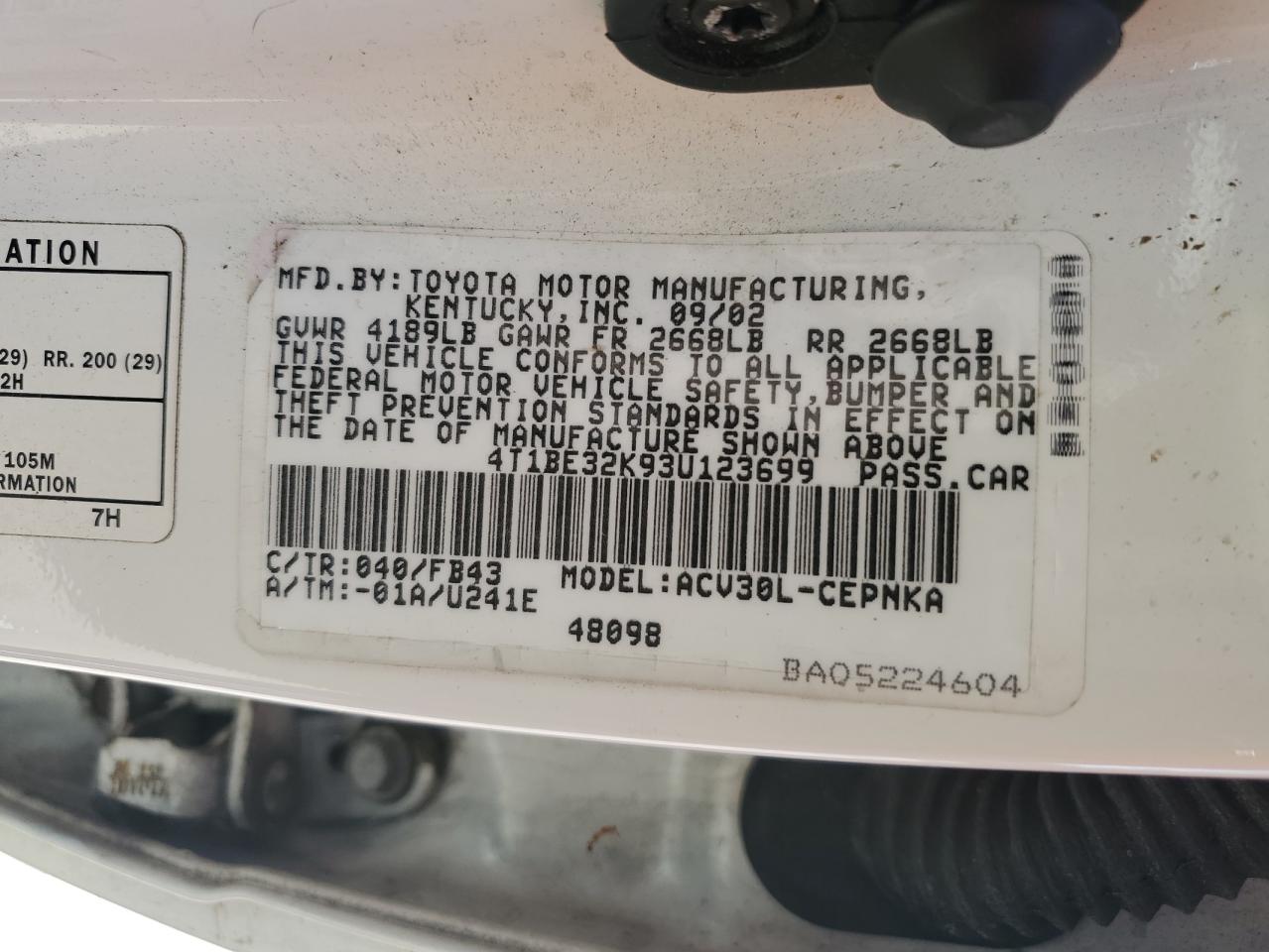 4T1BE32K93U123699 2003 Toyota Camry Le