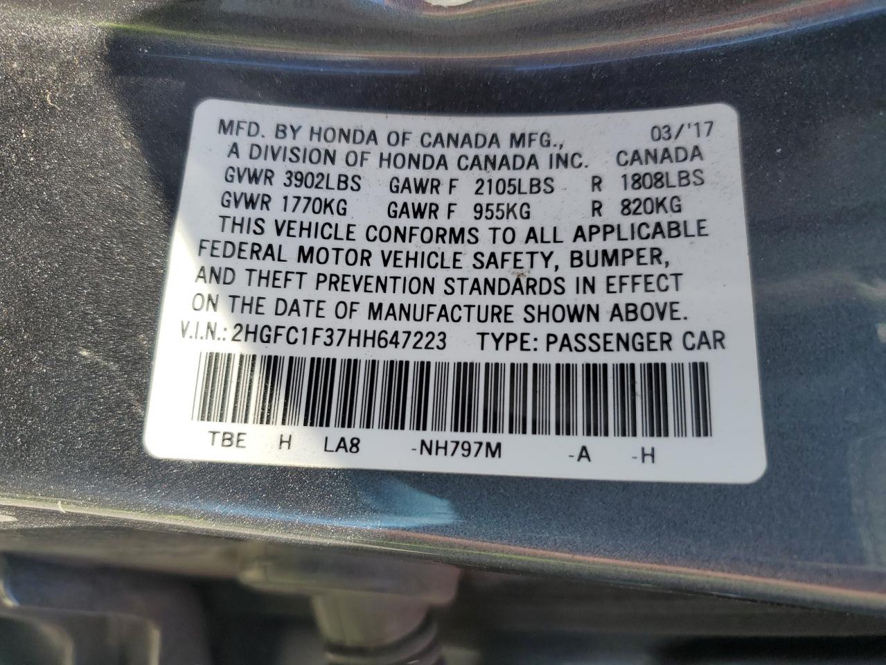 2HGFC1F37HH647223 HONDA CIVIC 2017