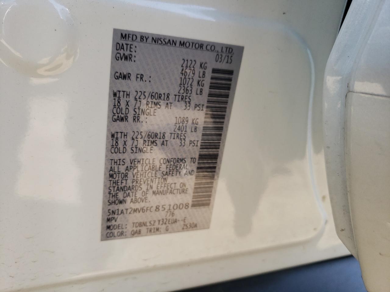 5N1AT2MV6FC851008 2015 Nissan Rogue S