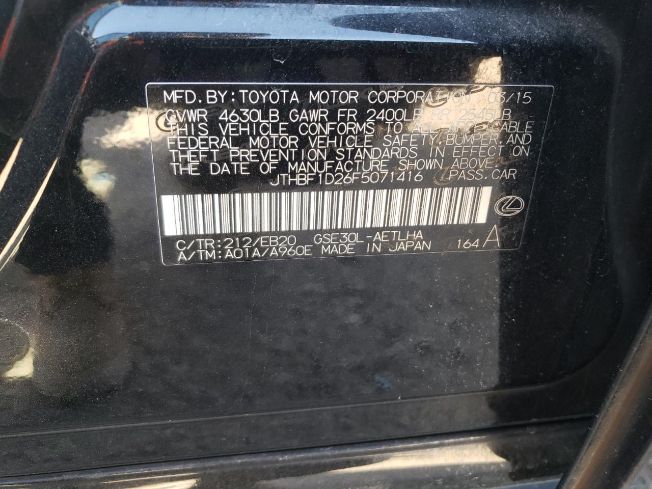 JTHBF1D26F5071416 2015 Lexus Is 250