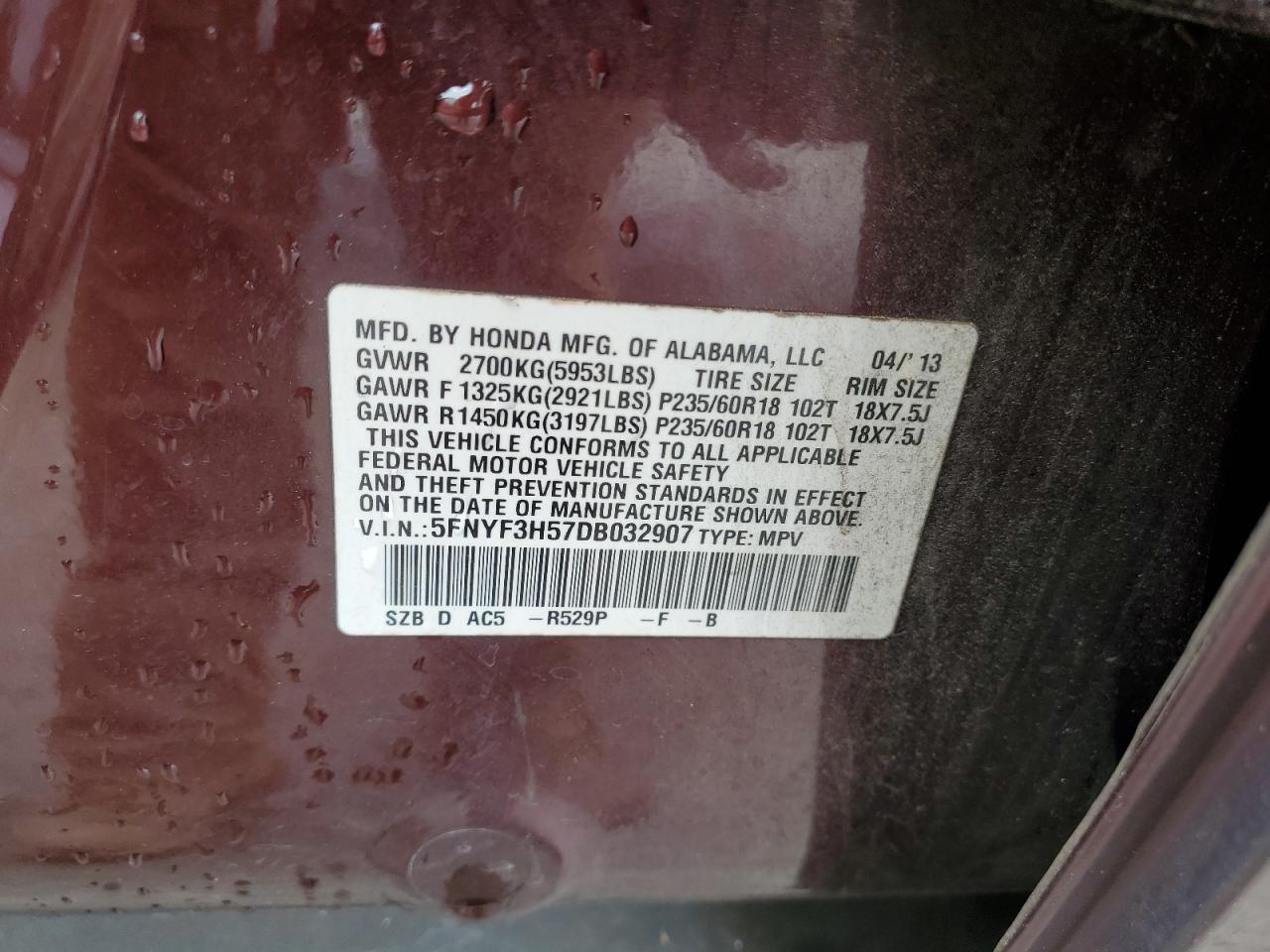 5FNYF3H57DB032907 2013 Honda Pilot Exl