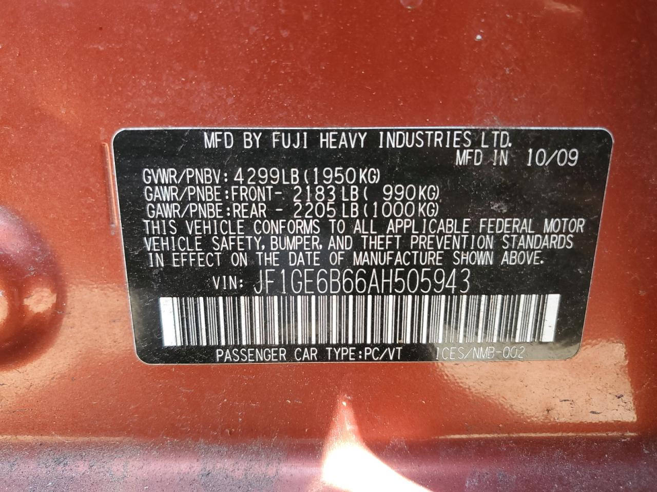 JF1GE6B66AH505943 2010 Subaru Impreza 2.5I Premium