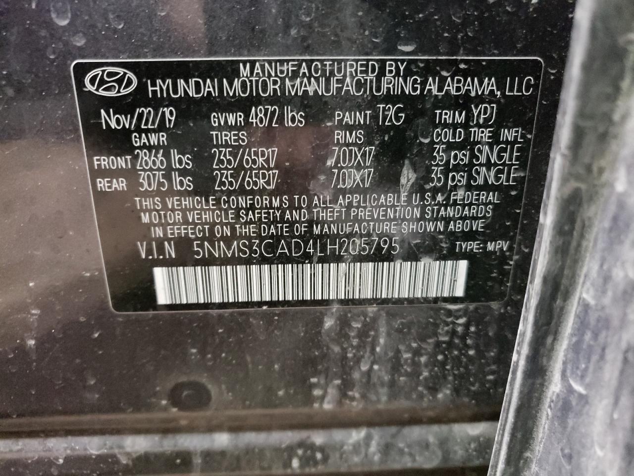 5NMS3CAD4LH205795 2020 Hyundai Santa Fe Sel