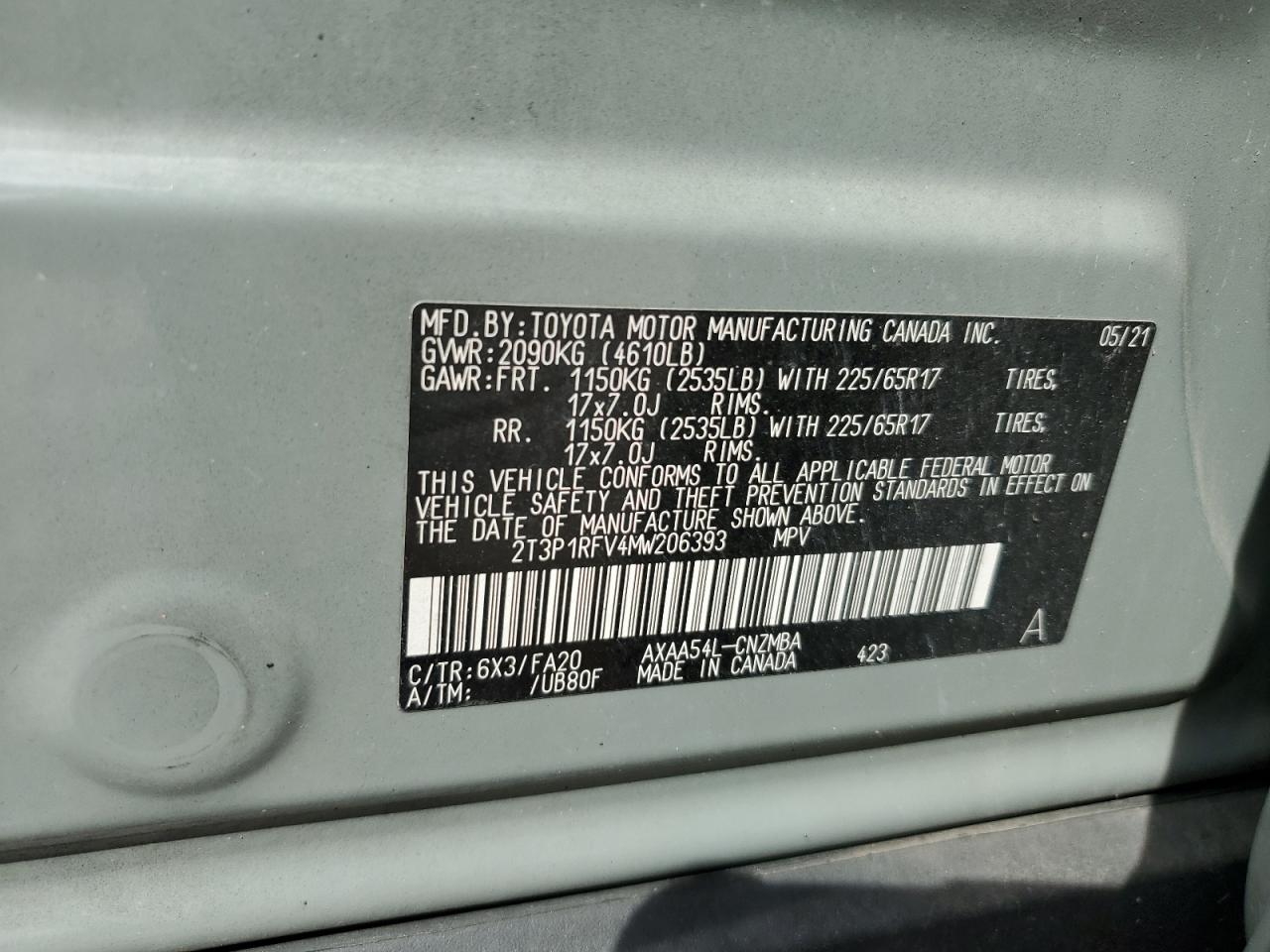 2T3P1RFV4MW206393 2021 Toyota Rav4 Xle