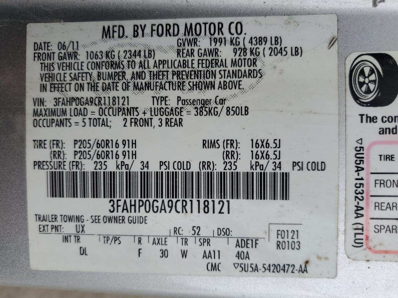 3FAHP0GA9CR118121 2012 Ford Fusion S