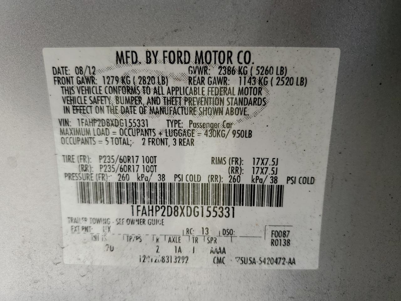 1FAHP2D8XDG155331 2013 Ford Taurus Se