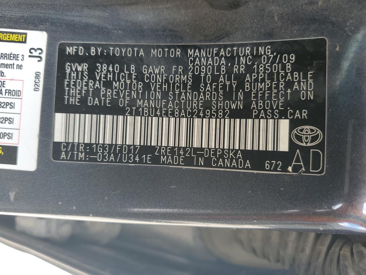 2T1BU4EE8AC249582 2010 Toyota Corolla Base