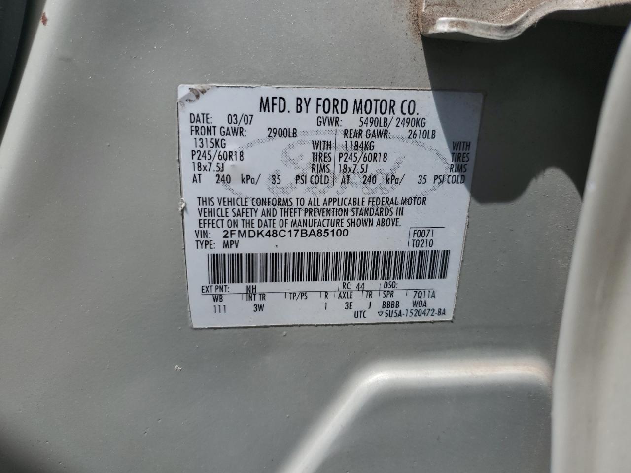 2FMDK48C17BA85100 2007 Ford Edge Sel