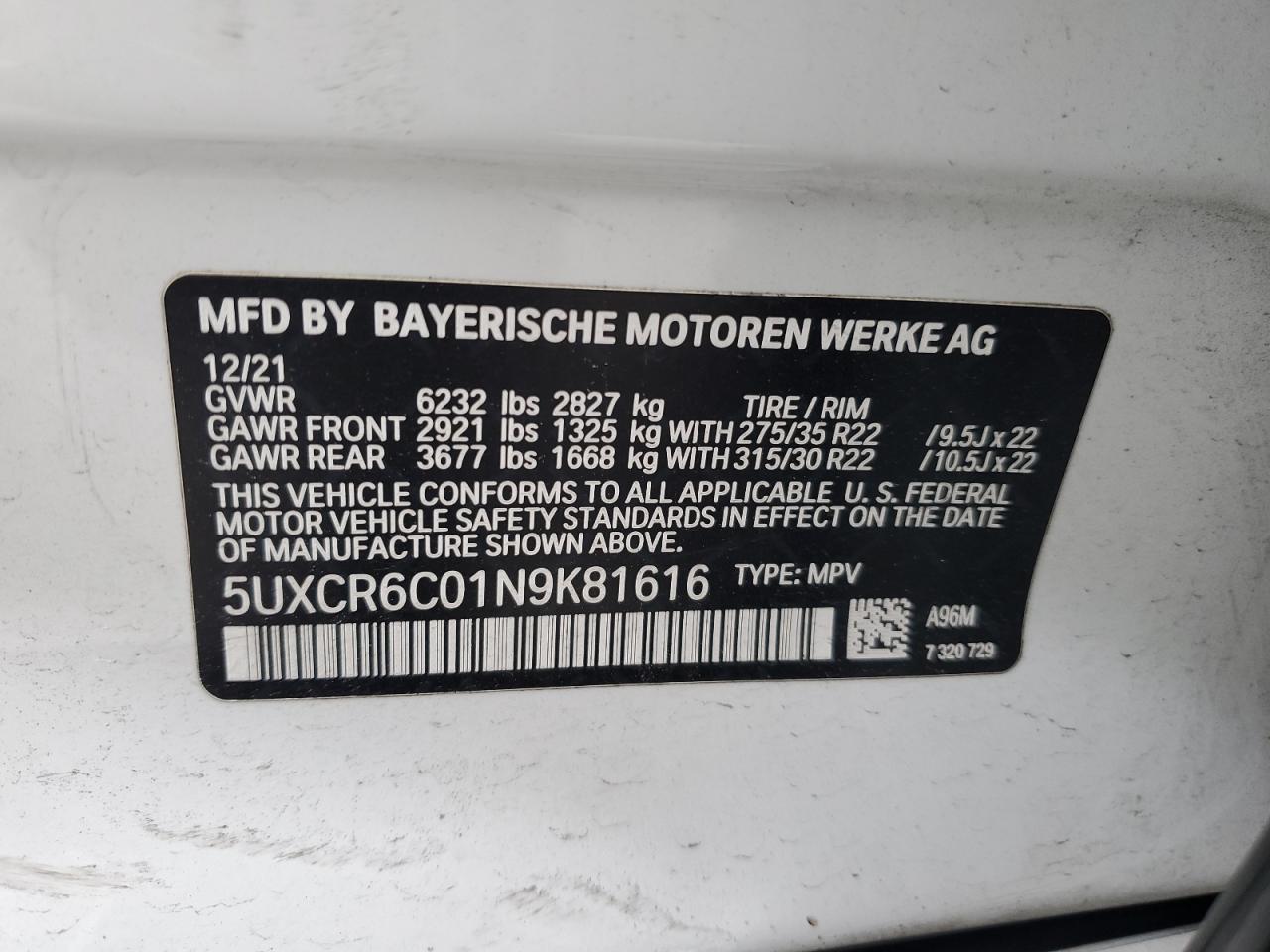 5UXCR6C01N9K81616 2022 BMW X5 xDrive40I