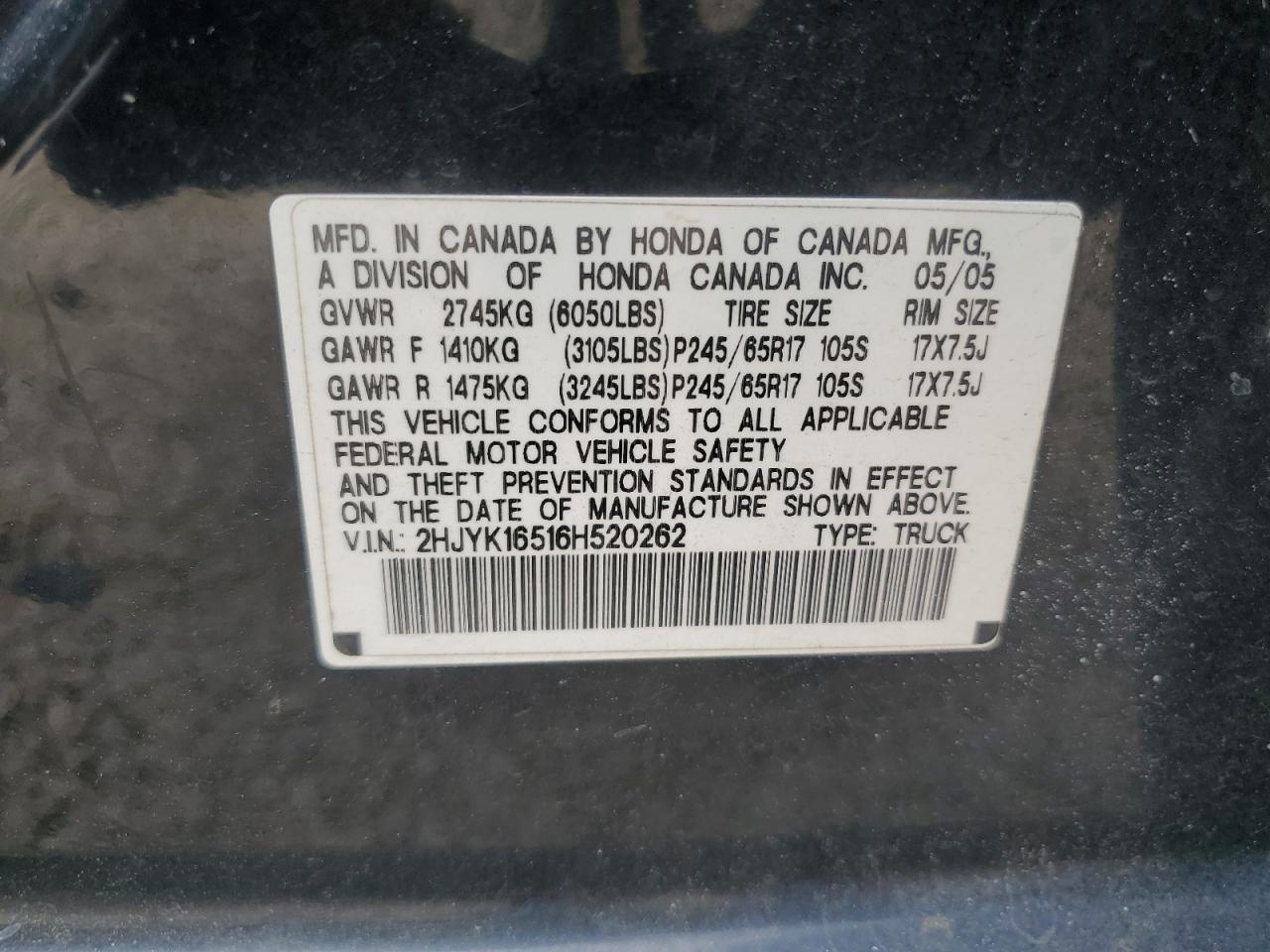 2HJYK16516H520262 2006 Honda Ridgeline Rtl