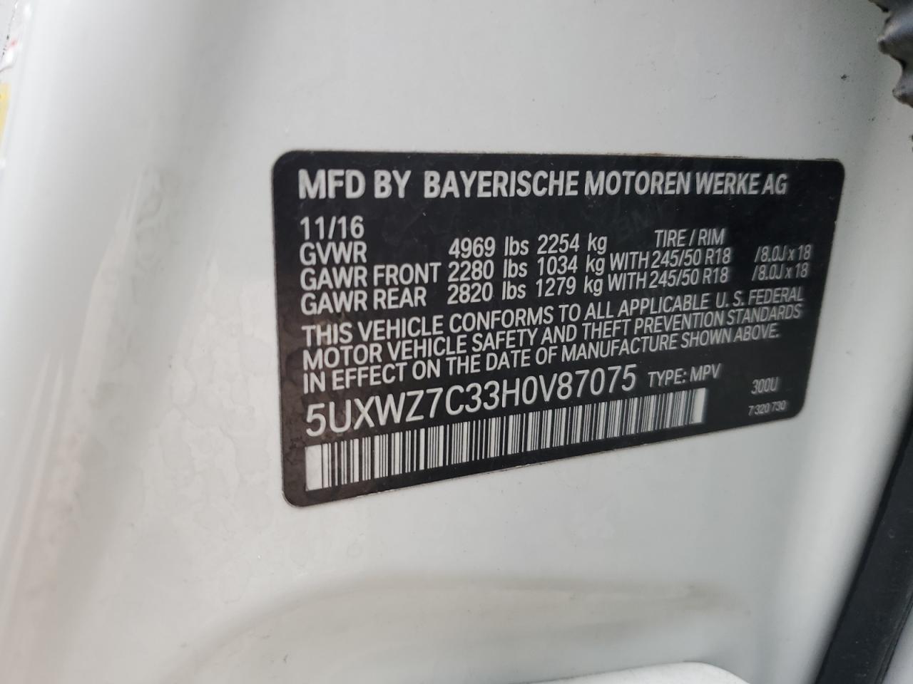 5UXWZ7C33H0V87075 2017 BMW X3 Sdrive28I