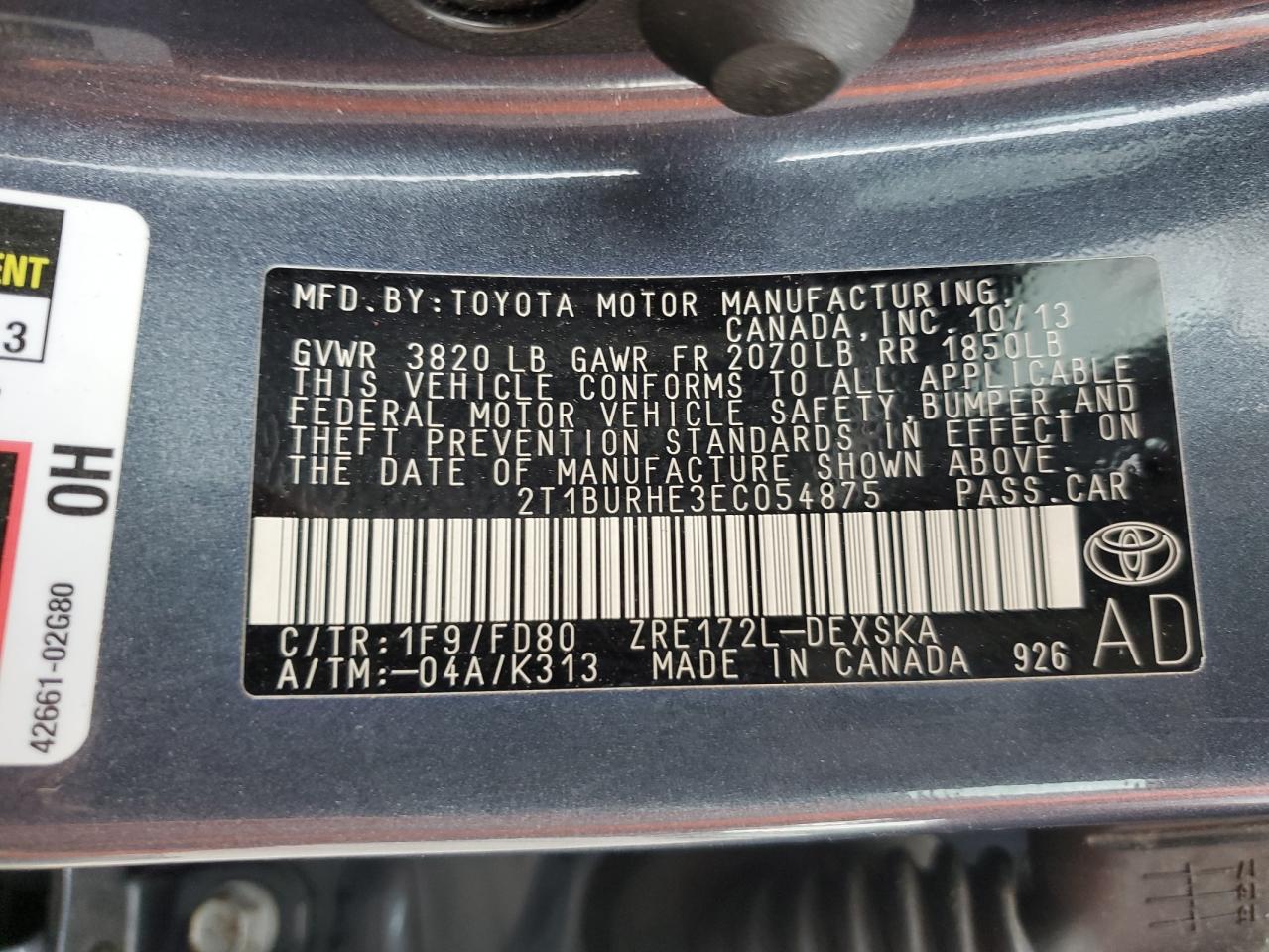 2T1BURHE3EC054875 2014 Toyota Corolla L