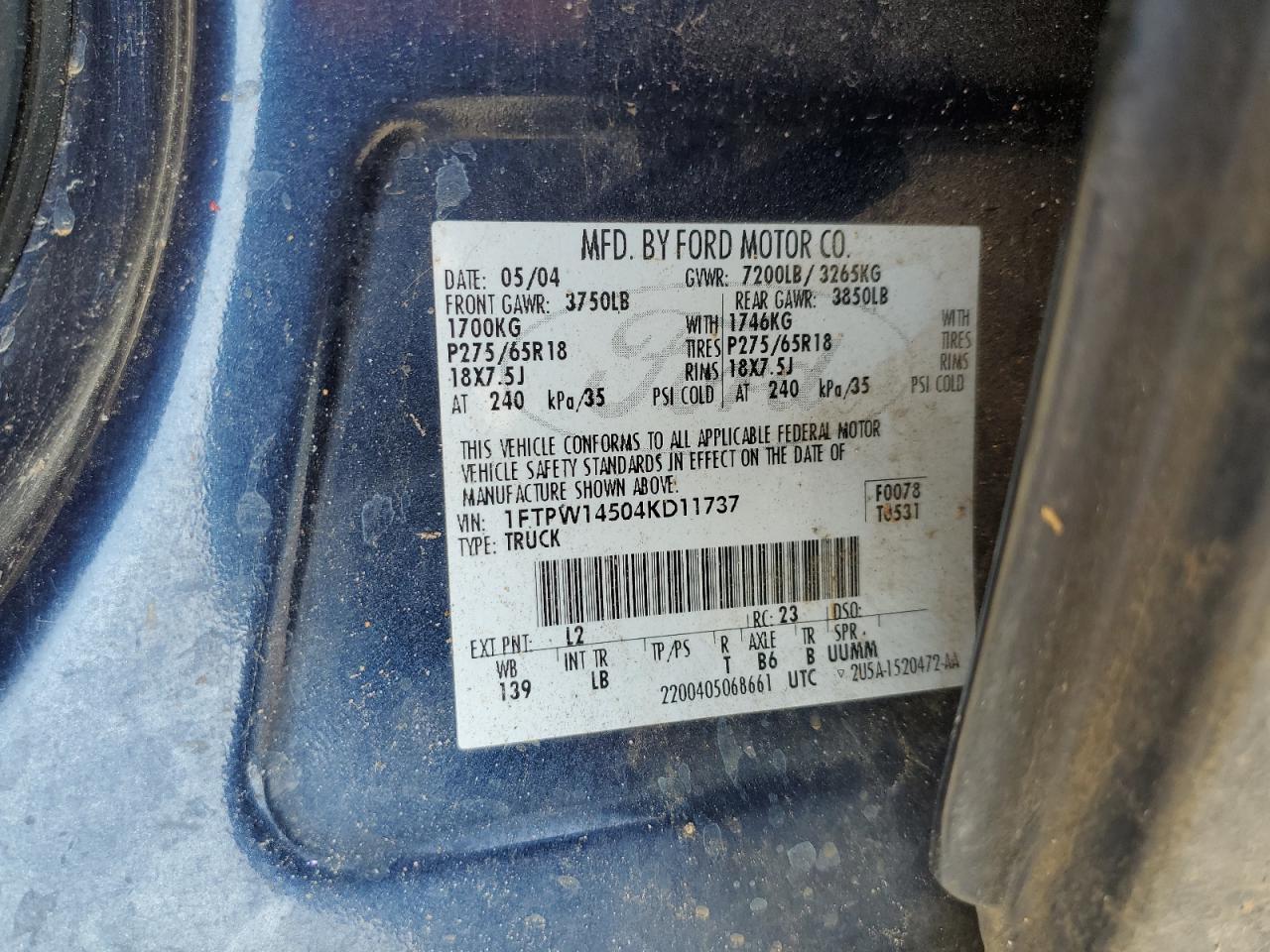 1FTPW14504KD11737 2004 Ford F150 Supercrew