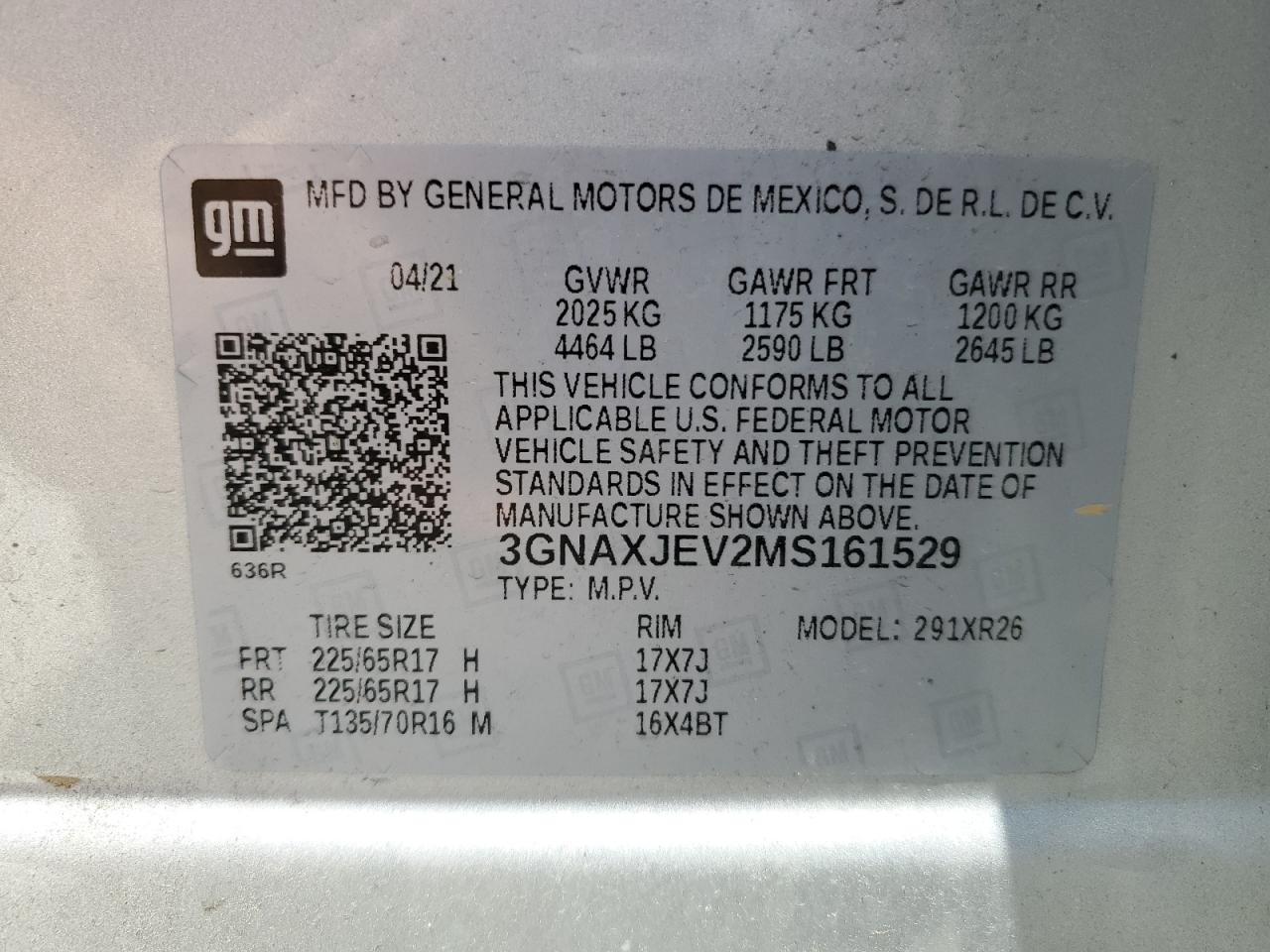 3GNAXJEV2MS161529 2021 Chevrolet Equinox Lt