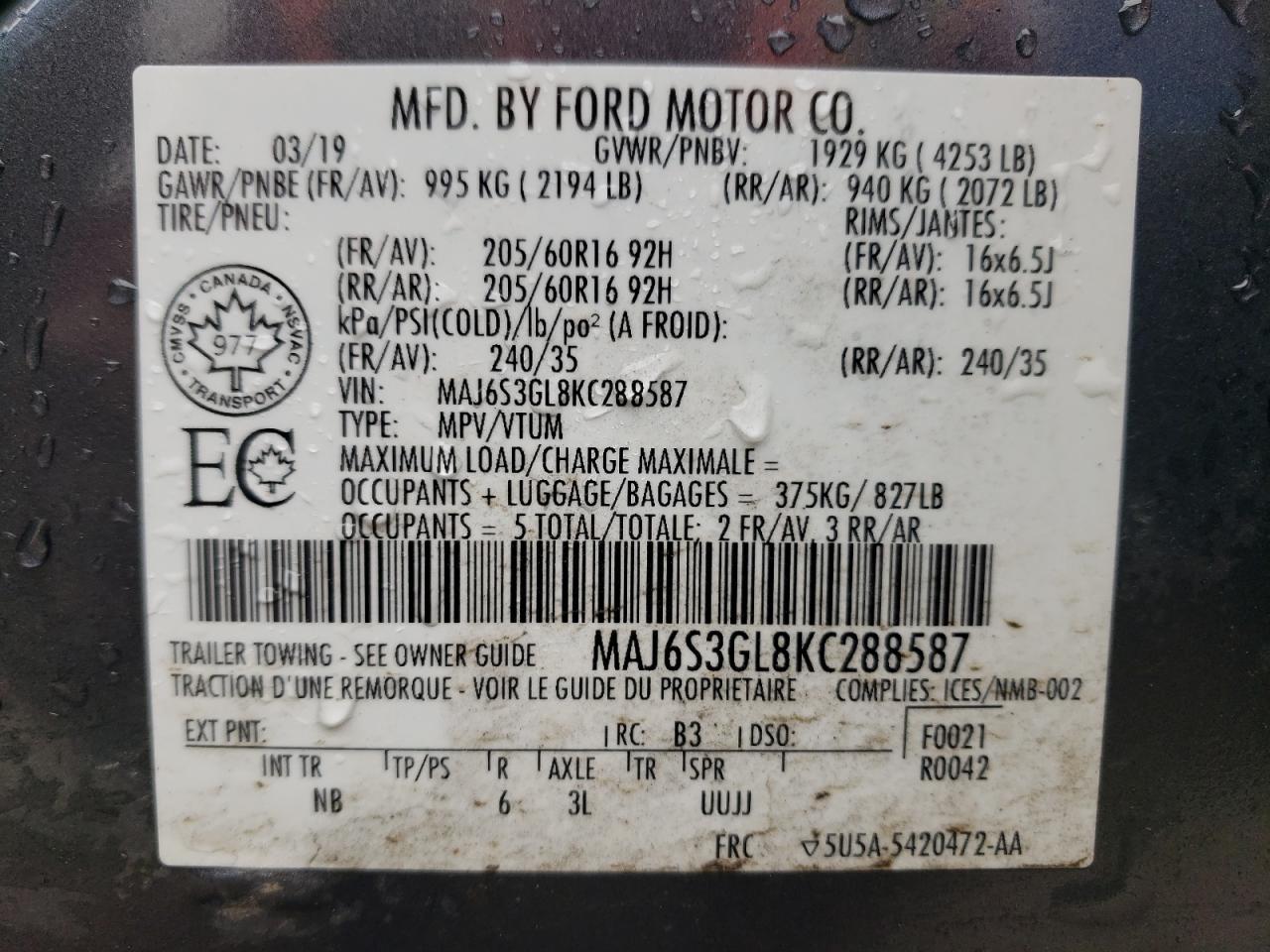 MAJ6S3GL8KC288587 2019 Ford Ecosport Se