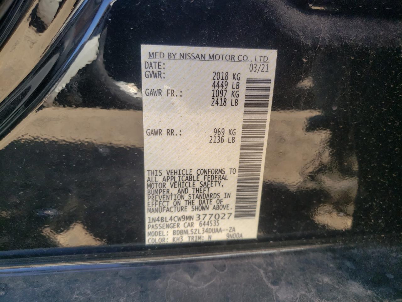 1N4BL4CW9MN377027 2021 Nissan Altima Sr