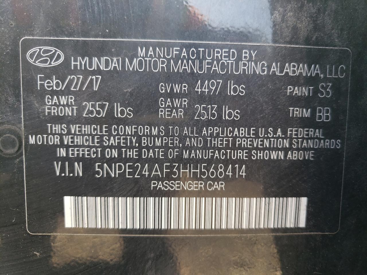 5NPE24AF3HH568414 2017 Hyundai Sonata Se