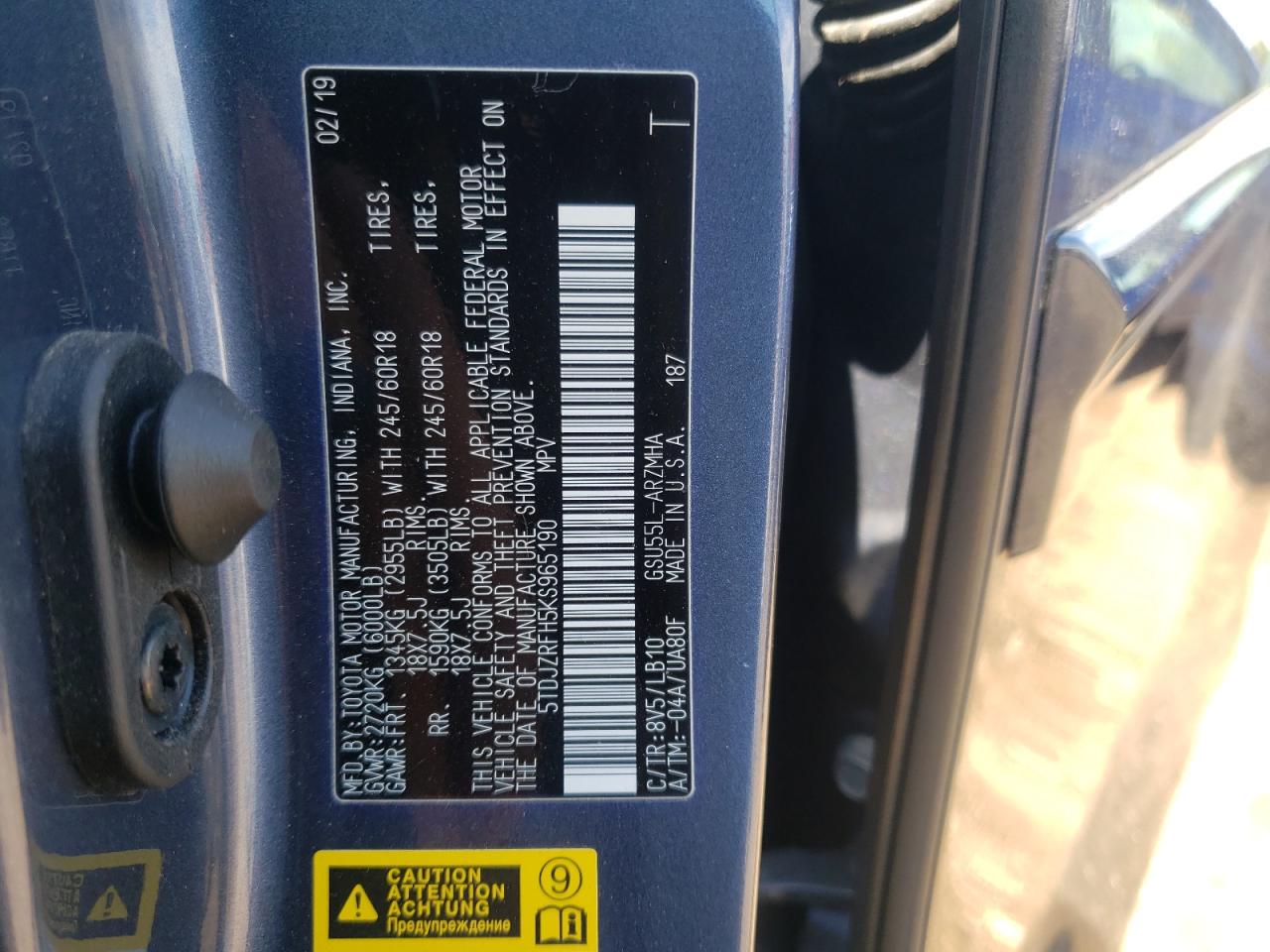 5TDJZRFH5KS965190 2019 Toyota Highlander Se