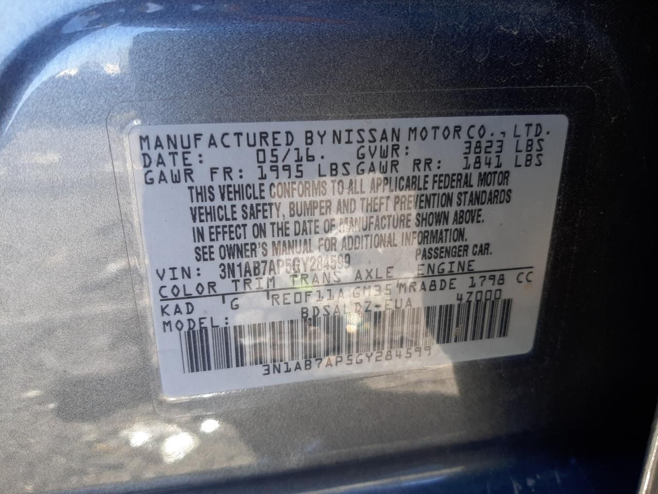 3N1AB7AP5GY284599 2016 Nissan Sentra S