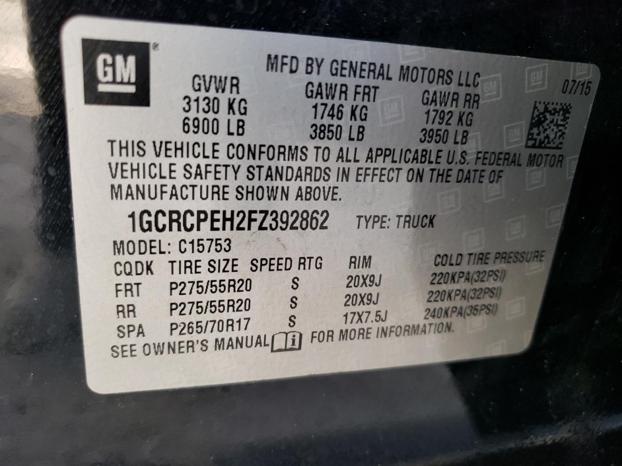 1GCRCPEH2FZ392862 2015 Chevrolet Silverado C1500