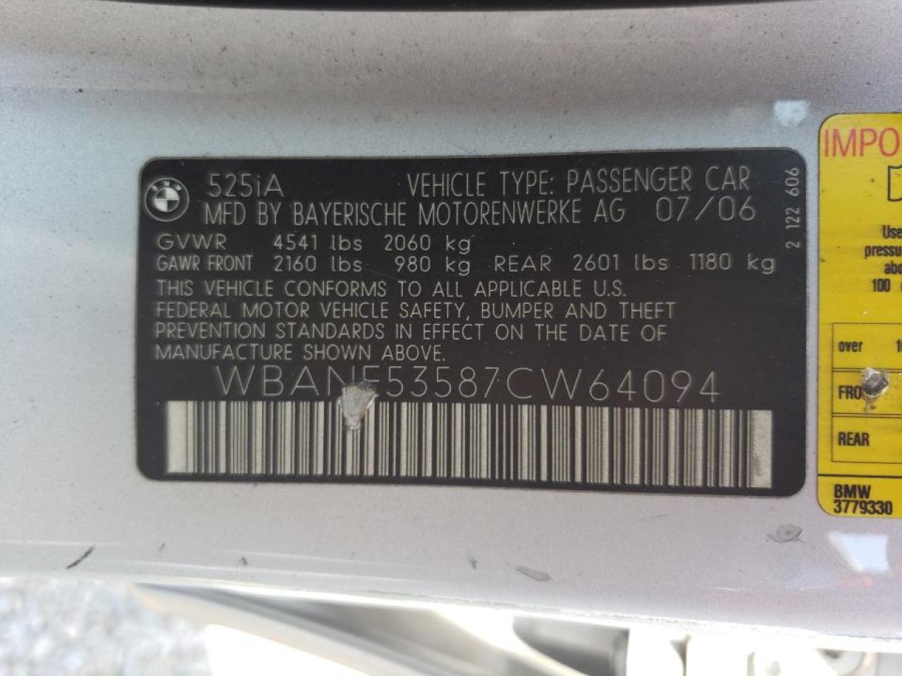 WBANE53587CW64094 2007 BMW 525 I