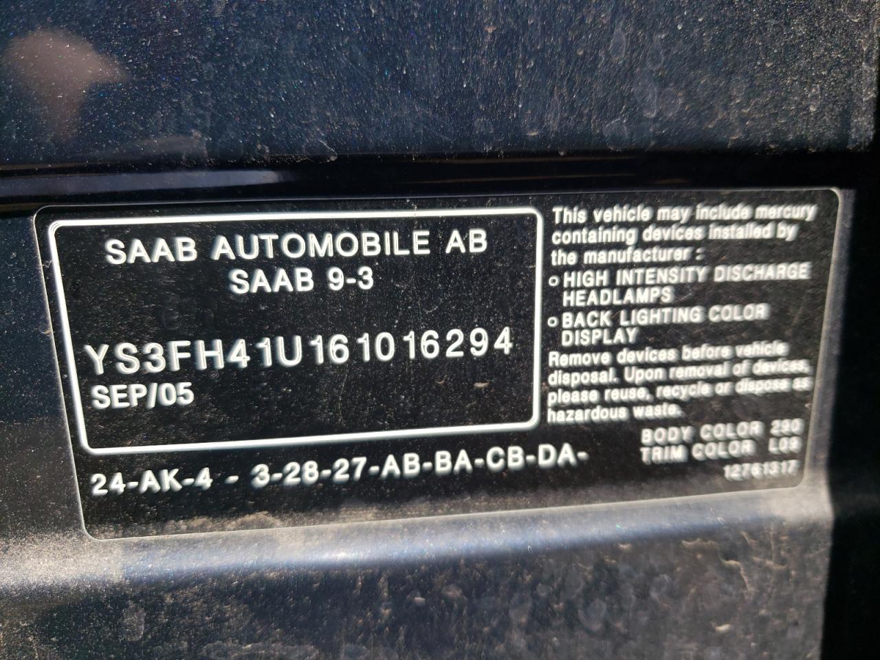 YS3FH41U161016294 2006 Saab 9-3 Aero